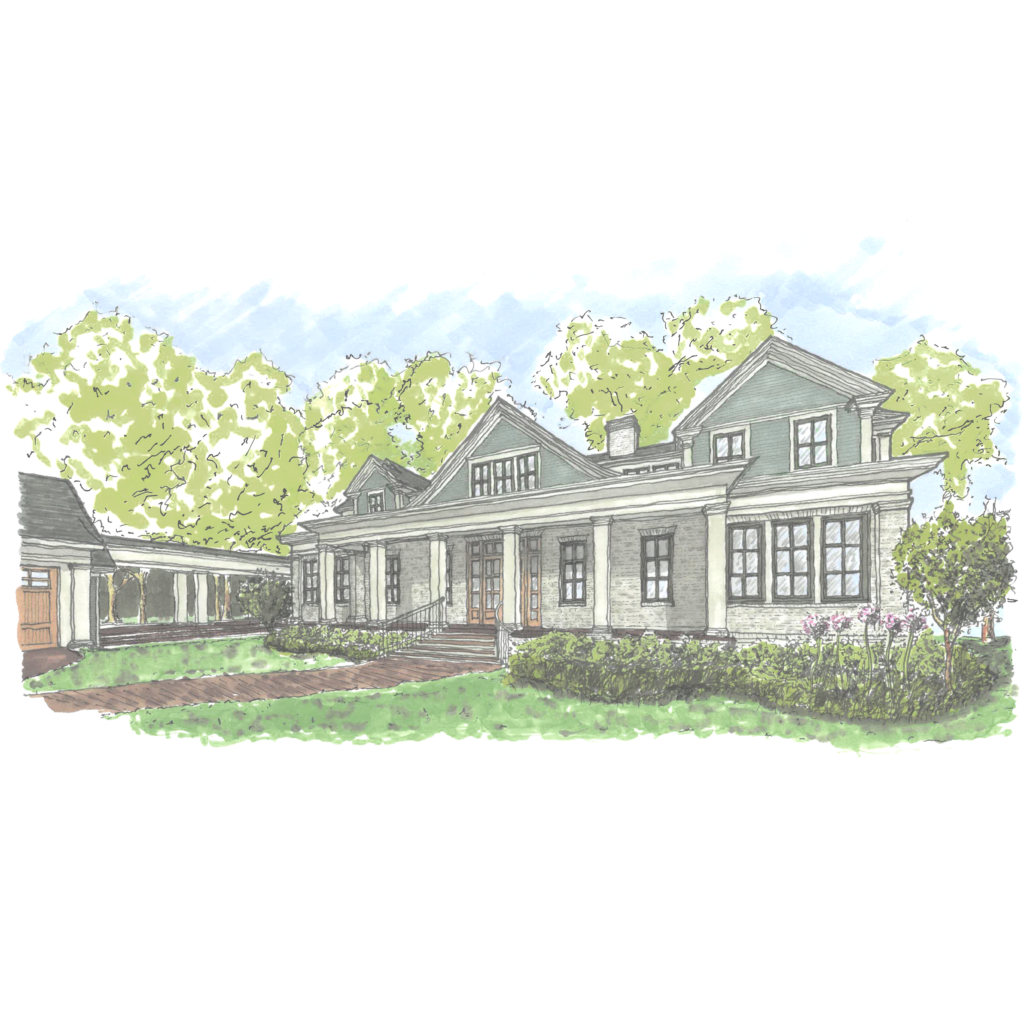 Hand rendering of a southern Victorian-era shingle style custom home at the Ford Field and River Club.